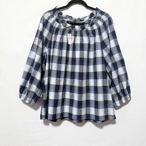 Talbots Smocked Top 1X Tinsel Tartan Plaid Blue White Gold 3/4 Sleeve Plus Size